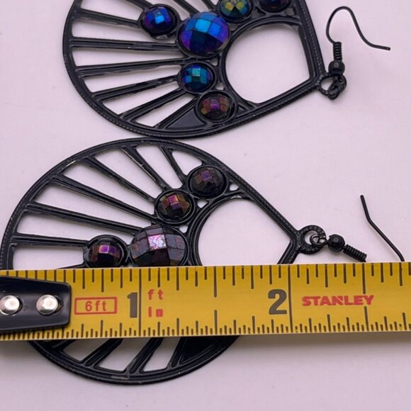 Black Fan-Shaped Dangle Earrings with Iridescent Rhinestone Accents - Picture 4 of 6